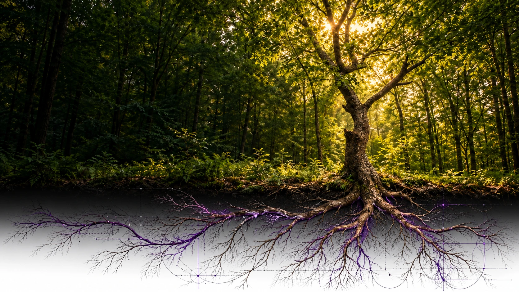 Cabin tree artwork with connected purple-lit roots fading into white