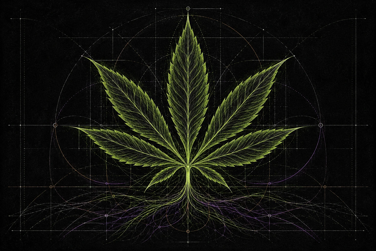 A cannabis leaf in an architectural purple-lit display