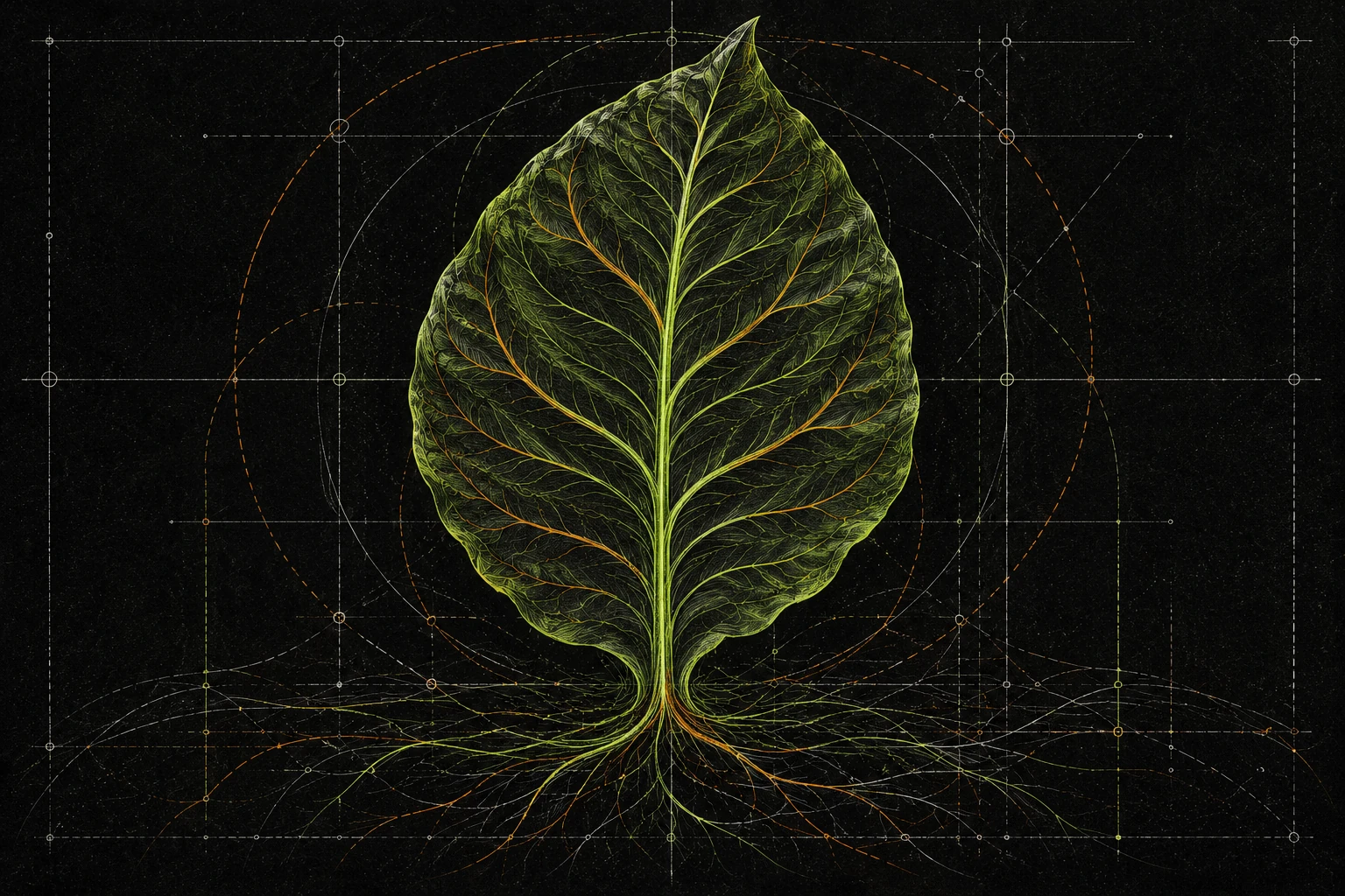 A tobacco leaf in an architectural green-lit display